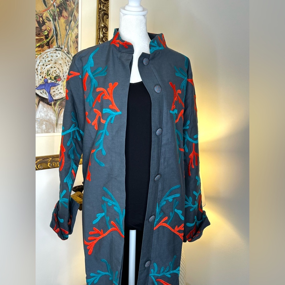 Gretchen Scott Twill Twig Jacket Embroidered Button Front Medium - Picture 3 of 11